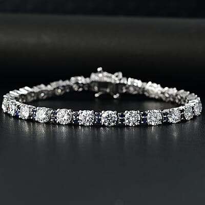 D'Joy Moissanite and Madagascar Blue Sapphire 11.75 ctw Moonlit Tennis Bracelet in Rhodium Over Sterling Silver (7.25 In)