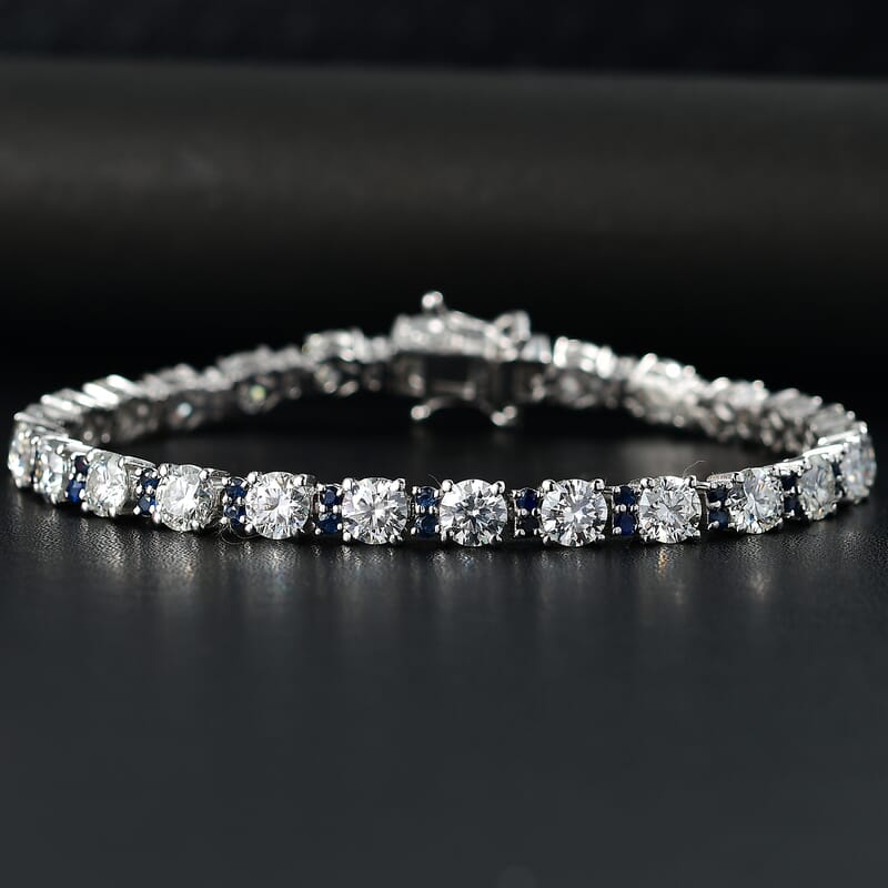 D'Joy Moissanite and Madagascar Blue Sapphire 11.75 ctw Moonlit Tennis Bracelet in Rhodium Over Sterling Silver (7.25 In)