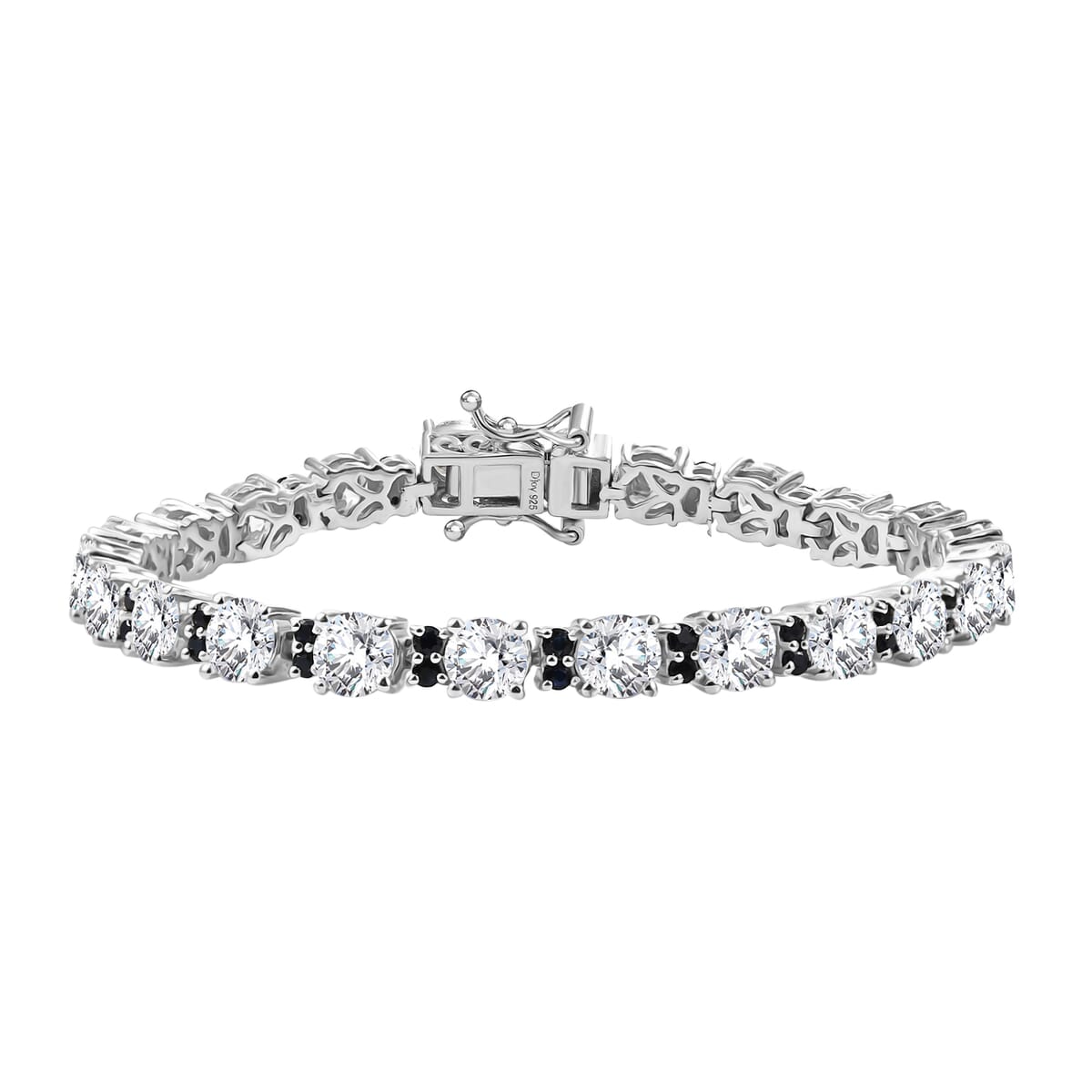 Moissanite and Madagascar Blue Sapphire 10.35 ctw Moonlit Tennis Bracelet in Rhodium Over Sterling Silver (6.50 In) image number 0