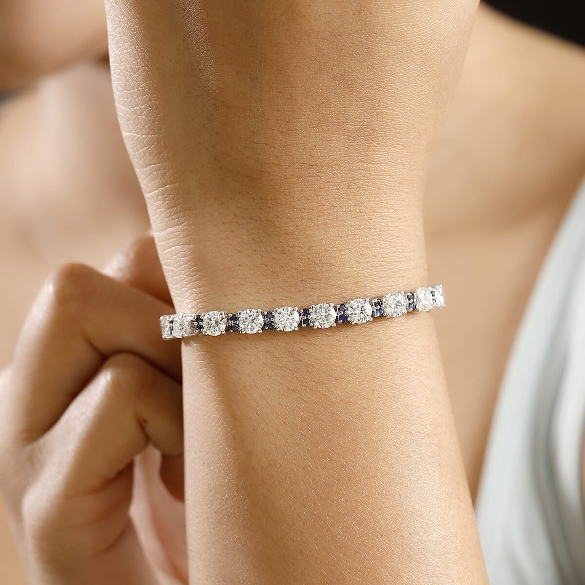 Moissanite and Madagascar Blue Sapphire 10.35 ctw Moonlit Tennis Bracelet in Rhodium Over Sterling Silver (6.50 In) image number 2