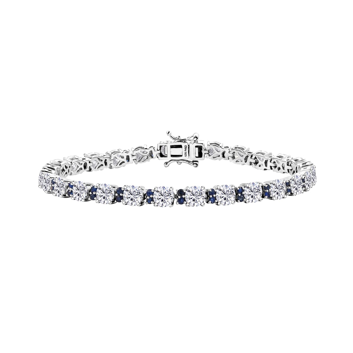 Moissanite and Madagascar Blue Sapphire 12.70 ctw Moonlit Tennis Bracelet in Rhodium Over Sterling Silver (8.00 In) image number 0