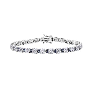 Moissanite and Madagascar Blue Sapphire 12.70 ctw Moonlit Tennis Bracelet in Rhodium Over Sterling Silver (8.00 In)