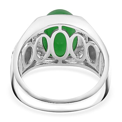 Green Jade (D) and White Zircon 7.50 ctw Dynasty Guardian Ring in Rhodium Over Sterling Silver (Size 10.0)