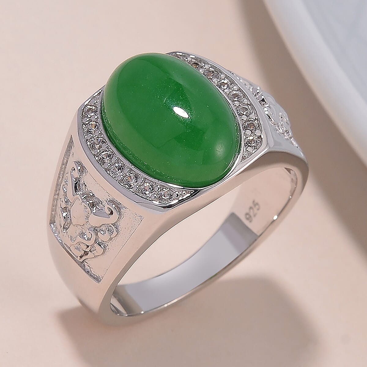 Green Jade (D) and White Zircon 7.50 ctw Dynasty Guardian Ring in Rhodium Over Sterling Silver (Size 6.0) image number 1