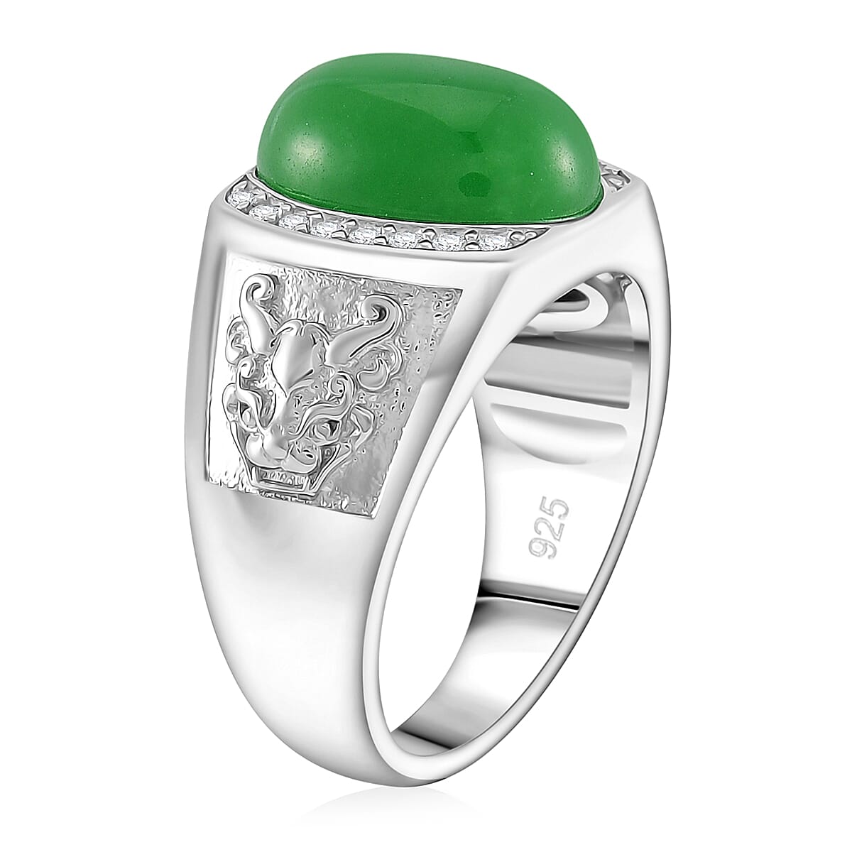Green Jade (D) and White Zircon 7.50 ctw Dynasty Guardian Ring in Rhodium Over Sterling Silver (Size 6.0) image number 3