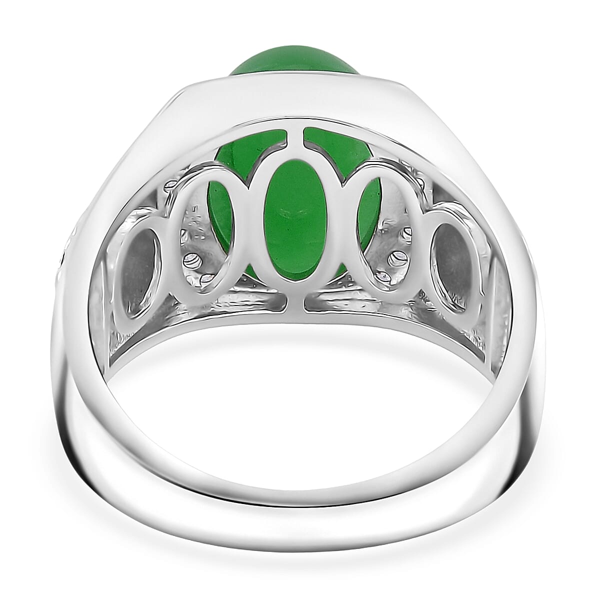 Green Jade (D) and White Zircon 7.50 ctw Dynasty Guardian Ring in Rhodium Over Sterling Silver (Size 6.0) image number 4