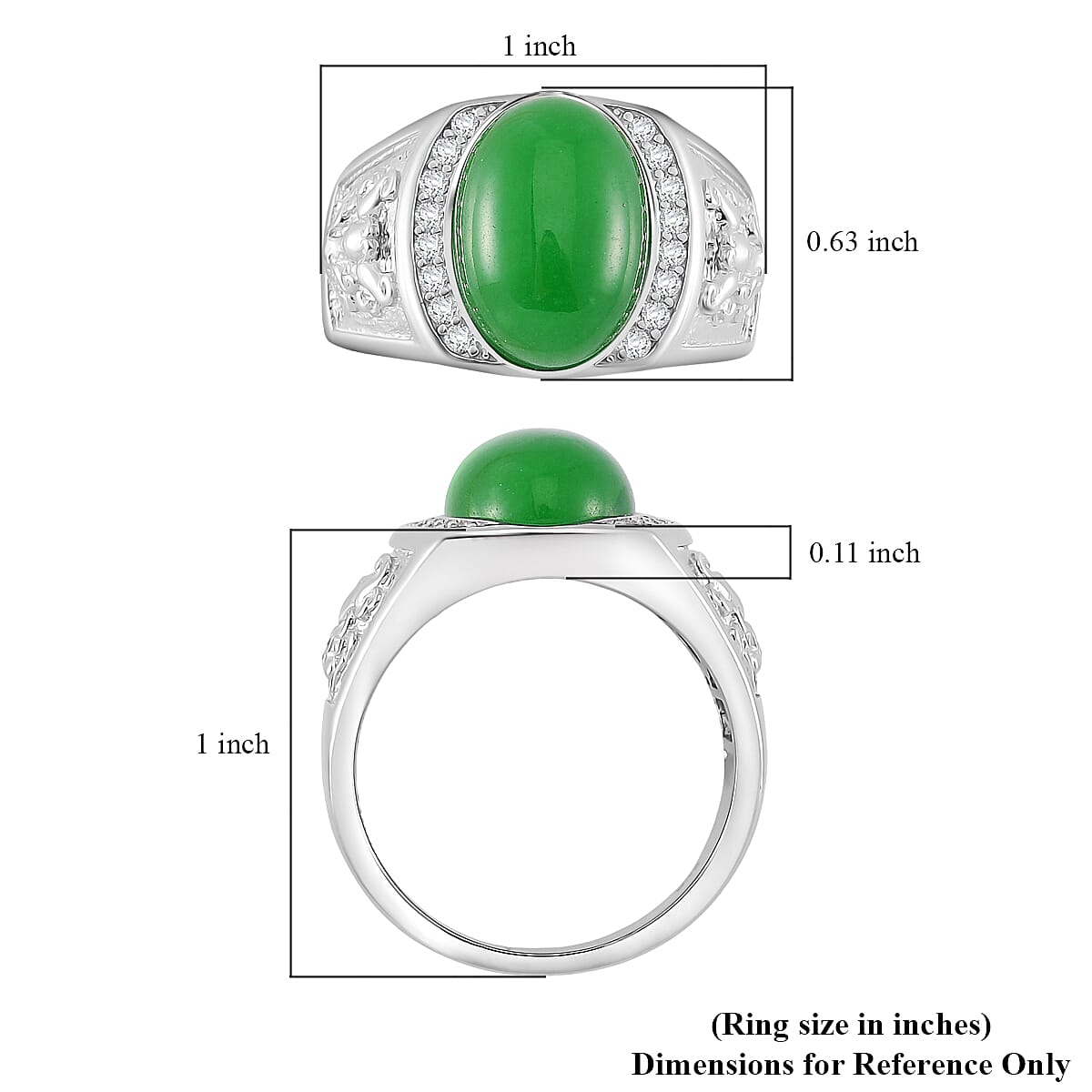 Green Jade (D) and White Zircon 7.50 ctw Dynasty Guardian Ring in Rhodium Over Sterling Silver (Size 6.0) image number 5