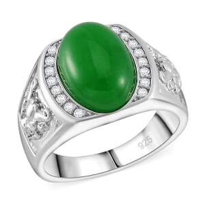 Green Jade (D) and White Zircon 7.50 ctw Dynasty Guardian Ring in Rhodium Over Sterling Silver (Size 7.0)