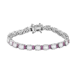Moissanite and Madagascar Pink Sapphire 10.80 ctw Moonlit Tennis Bracelet in Rhodium Over Sterling Silver (6.50 In)