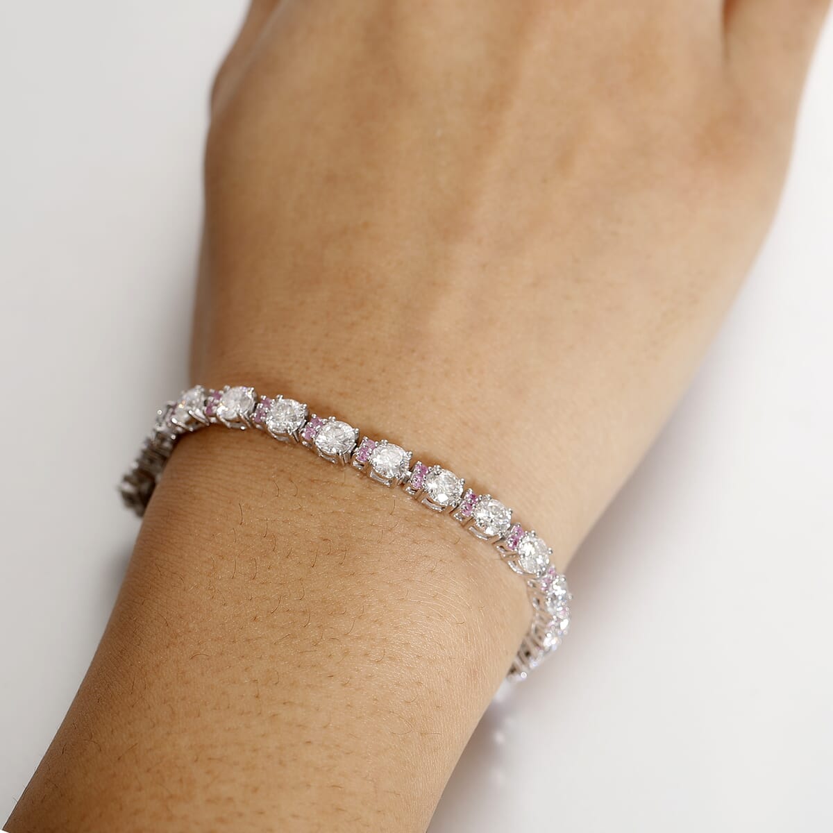 Moissanite and Madagascar Pink Sapphire 10.80 ctw Moonlit Tennis Bracelet in Rhodium Over Sterling Silver (6.50 In) image number 2