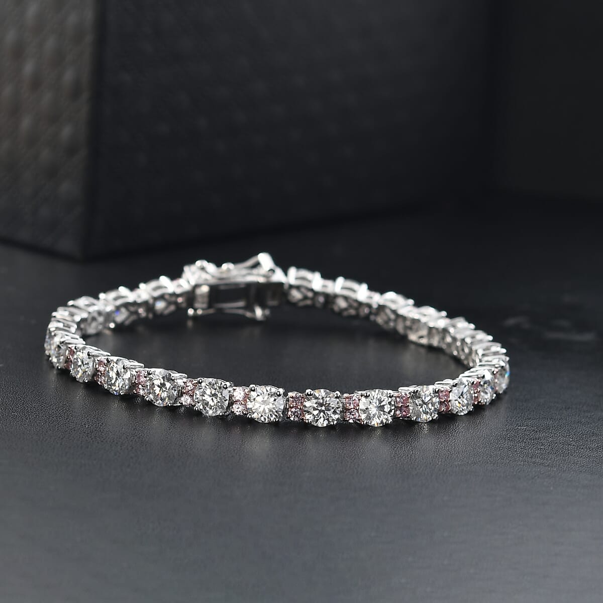 Moissanite and Madagascar Pink Sapphire 13.50 ctw Moonlit Tennis Bracelet in Rhodium Over Sterling Silver (7.25 In) image number 1