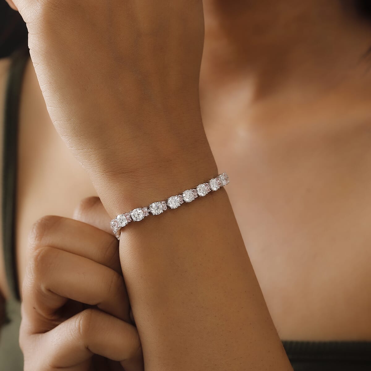 Moissanite and Madagascar Pink Sapphire 13.50 ctw Moonlit Tennis Bracelet in Rhodium Over Sterling Silver (7.25 In) image number 2