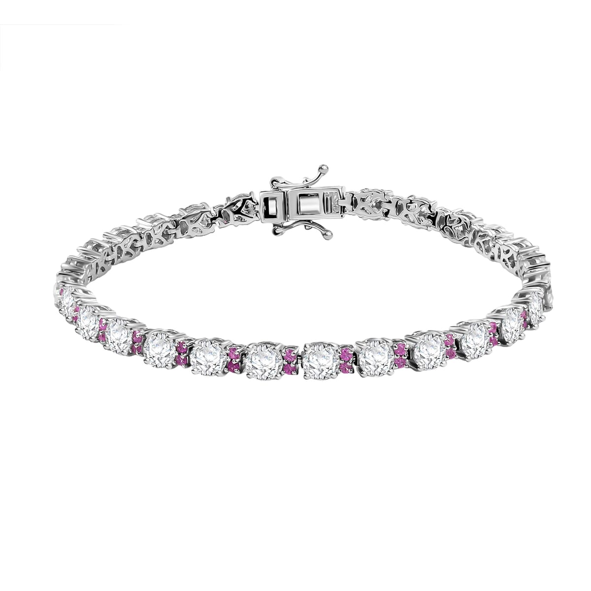 Moissanite and Madagascar Pink Sapphire 13.25 ctw Moonlit Tennis Bracelet in Rhodium Over Sterling Silver (8.00 In) image number 0