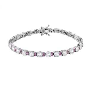 Moissanite and Madagascar Pink Sapphire 13.25 ctw Moonlit Tennis Bracelet in Rhodium Over Sterling Silver (8.00 In)