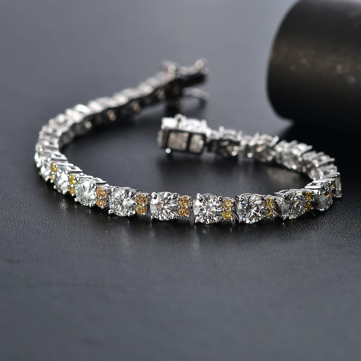 Moissanite and Madagascar Yellow Sapphire 12.85 ctw Moonlit Tennis Bracelet in Rhodium Over Sterling Silver (8.00 In) image number 1