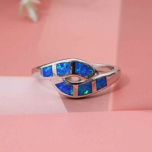 Lab Created Blue Opal 1.00 ctw Ring in Rhodium Over Sterling Silver (Size 11.5)