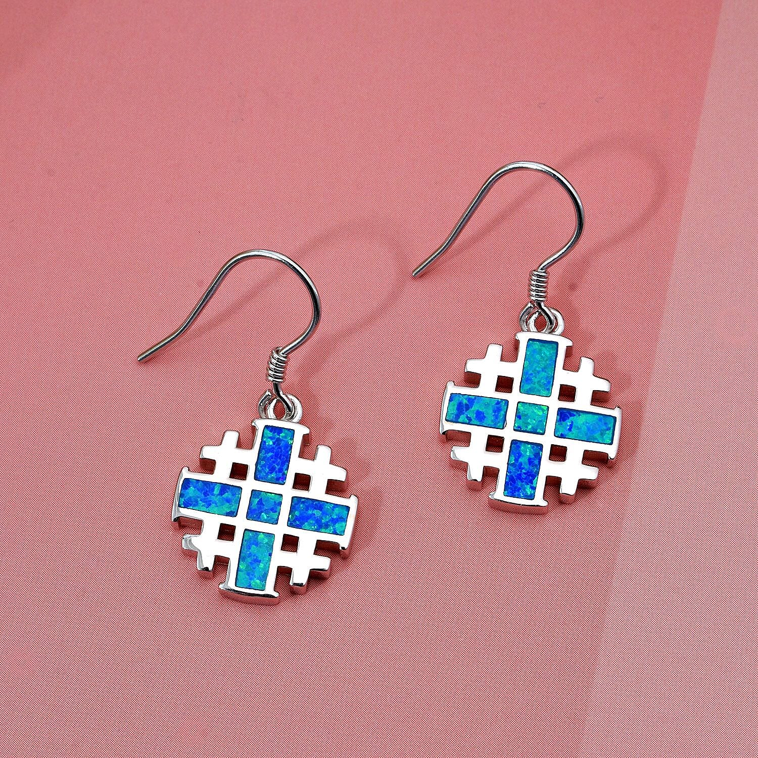 Blue Opal 2.00 ctw Earrings in Rhodium Over Sterling Silver