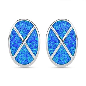 Lab Created Blue Opal 2.00 ctw Earrings in Rhodium Over Sterling Silver