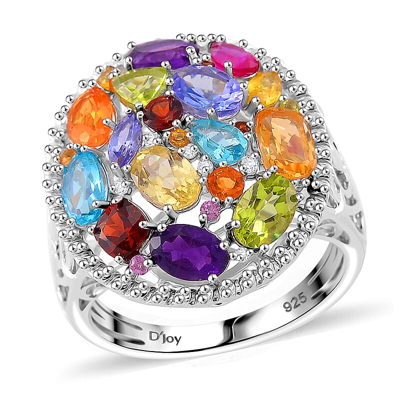 D'Joy Multi Gemstone 5.50 ctw Prism Bloom Ring in Rhodium Over Sterling Silver (Size 10.0) 