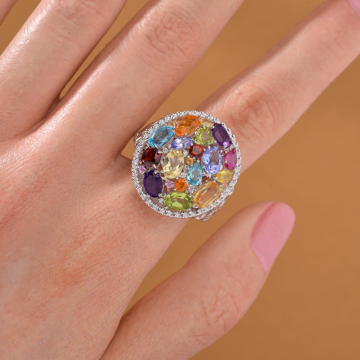 Multi Gemstone 5.50 ctw Prism Bloom Ring in Rhodium Over Sterling Silver (Size 10.0)  image number 1