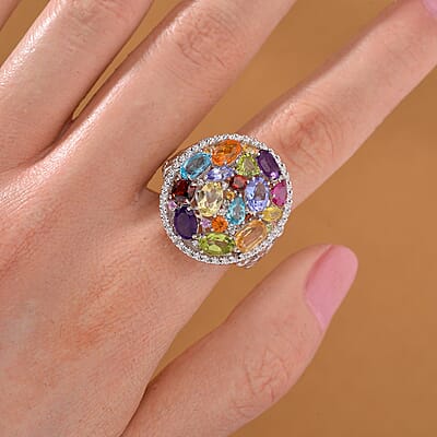 D'Joy Multi Gemstone 5.50 ctw Prism Bloom Ring in Rhodium Over Sterling Silver (Size 10.0) 