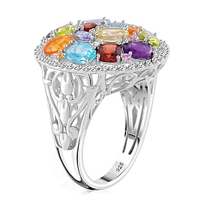 D'Joy Multi Gemstone 5.50 ctw Prism Bloom Ring in Rhodium Over Sterling Silver (Size 10.0) 