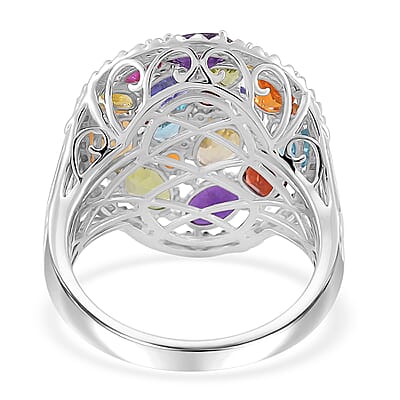 D'Joy Multi Gemstone 5.50 ctw Prism Bloom Ring in Rhodium Over Sterling Silver (Size 10.0) 