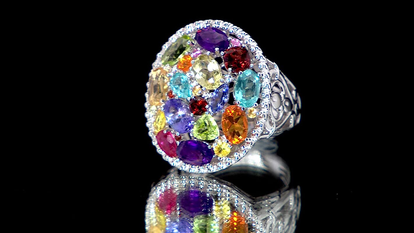 Multi Gemstones Ring in Rhodium Over Sterling Silver (Size 10.0) 5.50 ctw