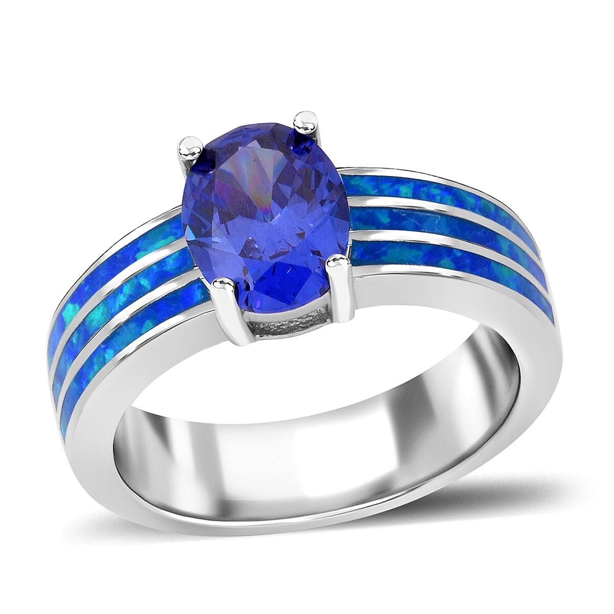 Blue Opal, Tanzanite Cubic Zirconia 4.61 ctw Ring in Rhodium Over Sterling Silver (Size 10.0)
