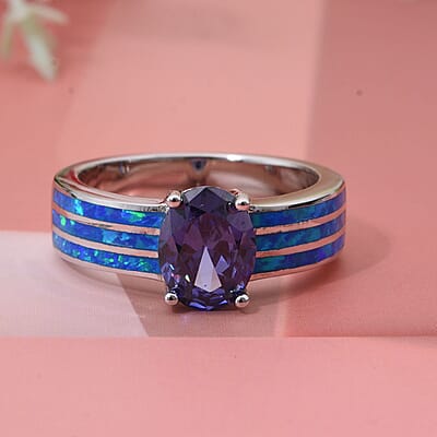 Blue Opal, Tanzanite Cubic Zirconia 4.61 ctw Ring in Rhodium Over Sterling Silver (Size 10.0)