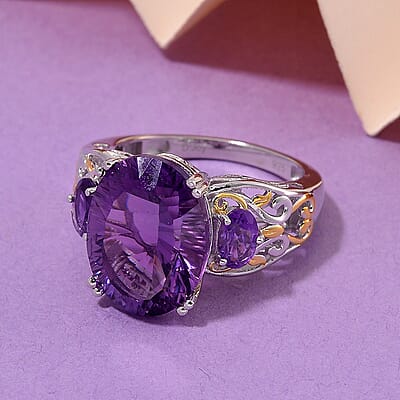 D'Joy Concave Cut African Amethyst 9.85 ctw Victorian Era Ring in 18K Vermeil YG and Rhodium Over Sterling Silver (Size 10.0)