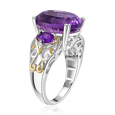 D'Joy Concave Cut African Amethyst 9.85 ctw Victorian Era Ring in 18K Vermeil YG and Rhodium Over Sterling Silver (Size 10.0)