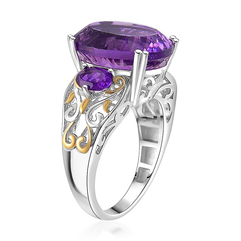 D'Joy Concave Cut African Amethyst 9.85 ctw Victorian Era Ring in 18K Vermeil YG and Rhodium Over Sterling Silver (Size 10.0)