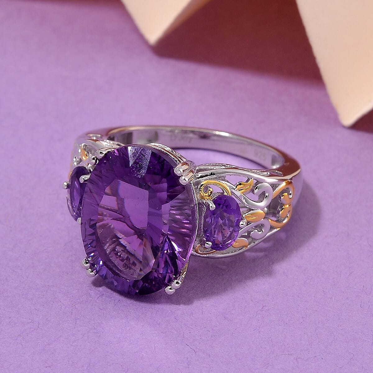 African Amethyst 9.85 ctw Ring in 18K Vermeil YG and Rhodium Over Sterling Silver (Size 9.0) image number 1