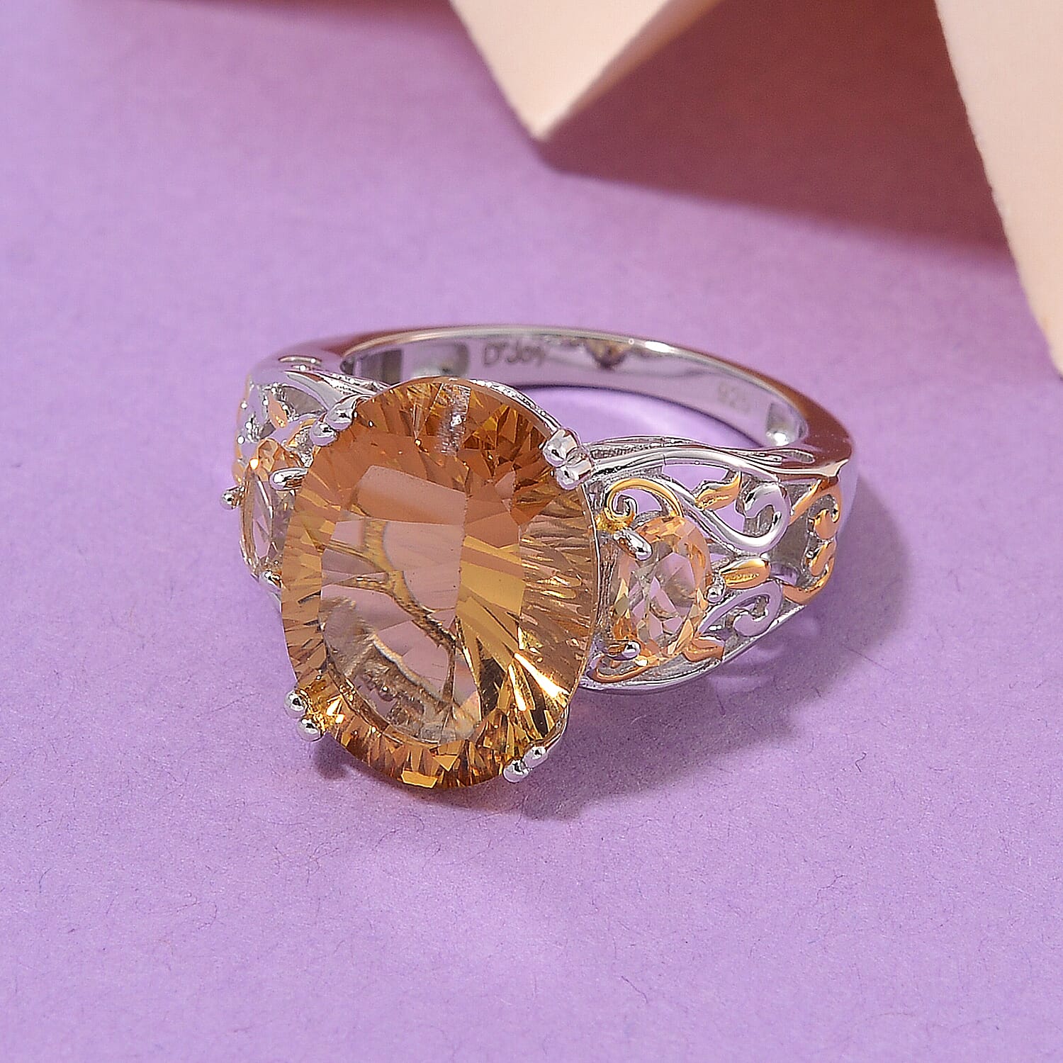 D'Joy Concave Cut Brazilian Citrine 10.00 ctw Victorian Era Ring in 18K Vermeil YG and Rhodium Over Sterling Silver (Size 6.0)