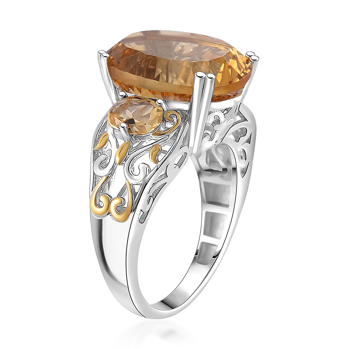 D'Joy Concave Cut Brazilian Citrine 10.00 ctw Victorian Era Ring in 18K Vermeil YG and Rhodium Over Sterling Silver (Size 6.0)
