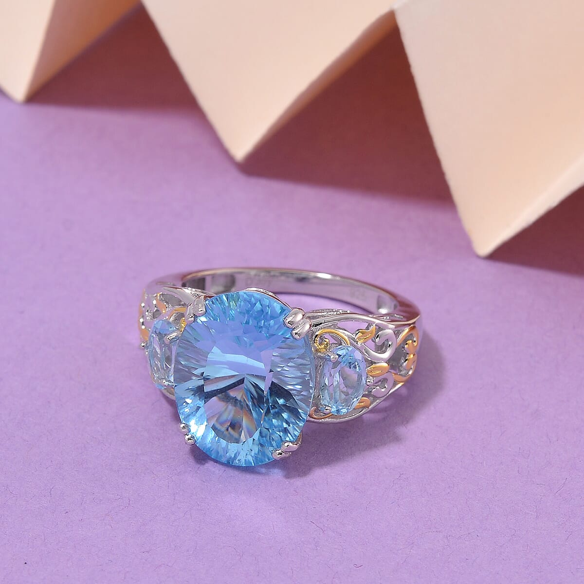 Sky Blue Topaz 11.80 ctw Ring in 18K Vermeil YG and Rhodium Over Sterling Silver (Size 6.0) image number 1