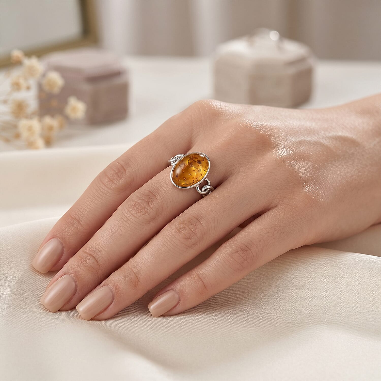 Baltic Amber Ring in Sterling Silver, Adjustable