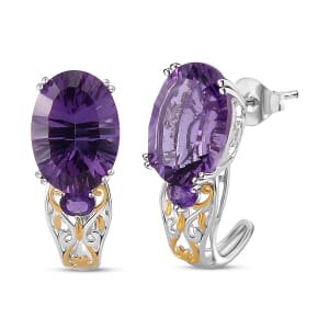 D'Joy Concave Cut African Amethyst 11.40 ctw Victorian Era J-Hoop Earrings in 18K Vermeil YG and Rhodium Over Sterling Silver