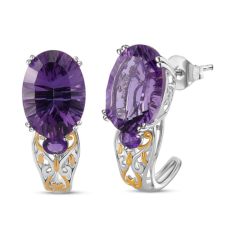D'Joy Concave Cut African Amethyst 11.40 ctw Victorian Era J-Hoop Earrings in 18K Vermeil YG and Rhodium Over Sterling Silver