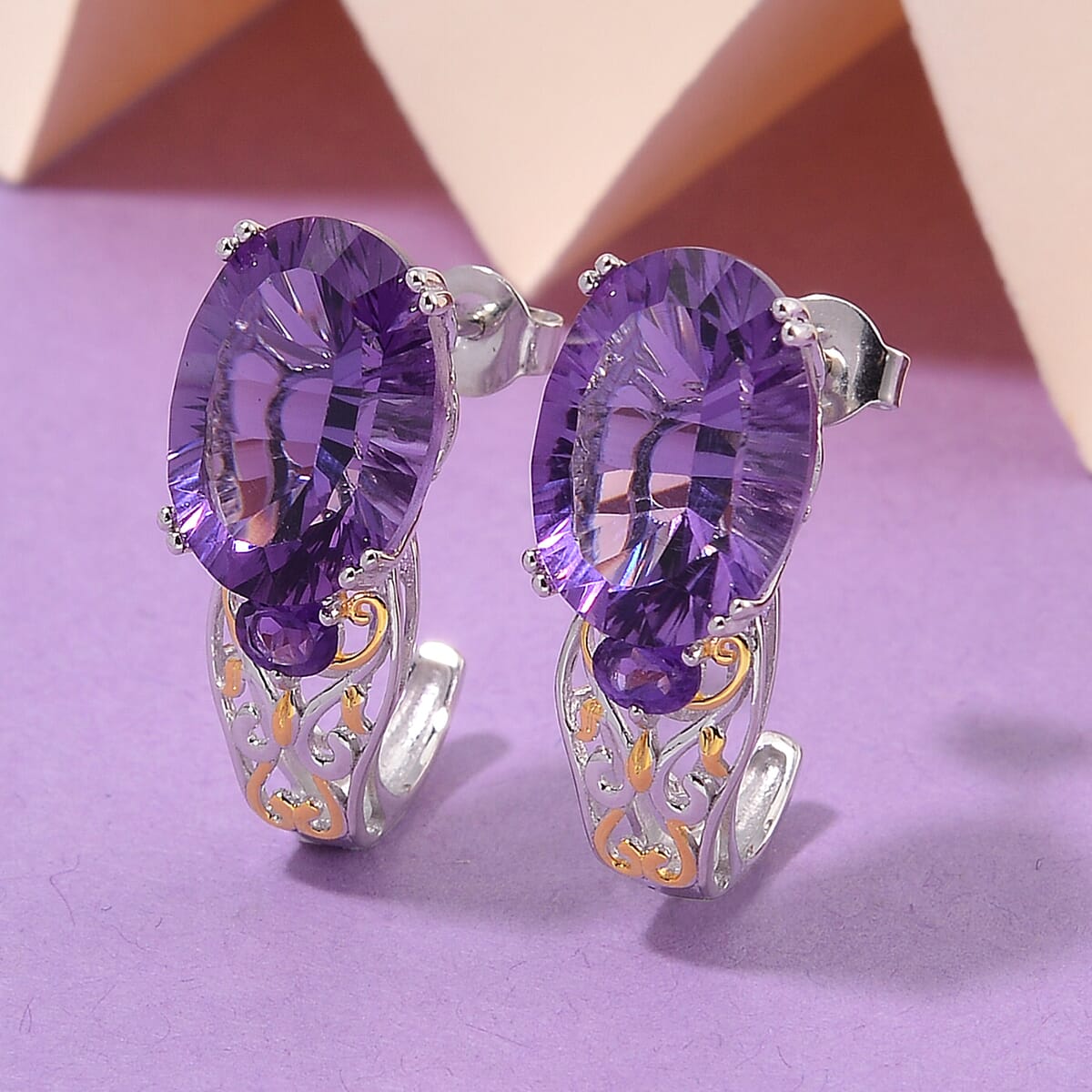 African Amethyst 11.40 ctw J-Hoop Earrings in 18K Vermeil YG and Rhodium Over Sterling Silver image number 1