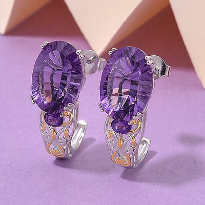 D'Joy Concave Cut African Amethyst 11.40 ctw Victorian Era J-Hoop Earrings in 18K Vermeil YG and Rhodium Over Sterling Silver