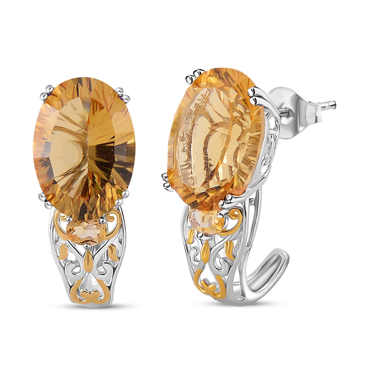 Brazilian Citrine 11.30 ctw J-Hoop Earrings in 18K Vermeil YG and Rhodium Over Sterling Silver image number 0