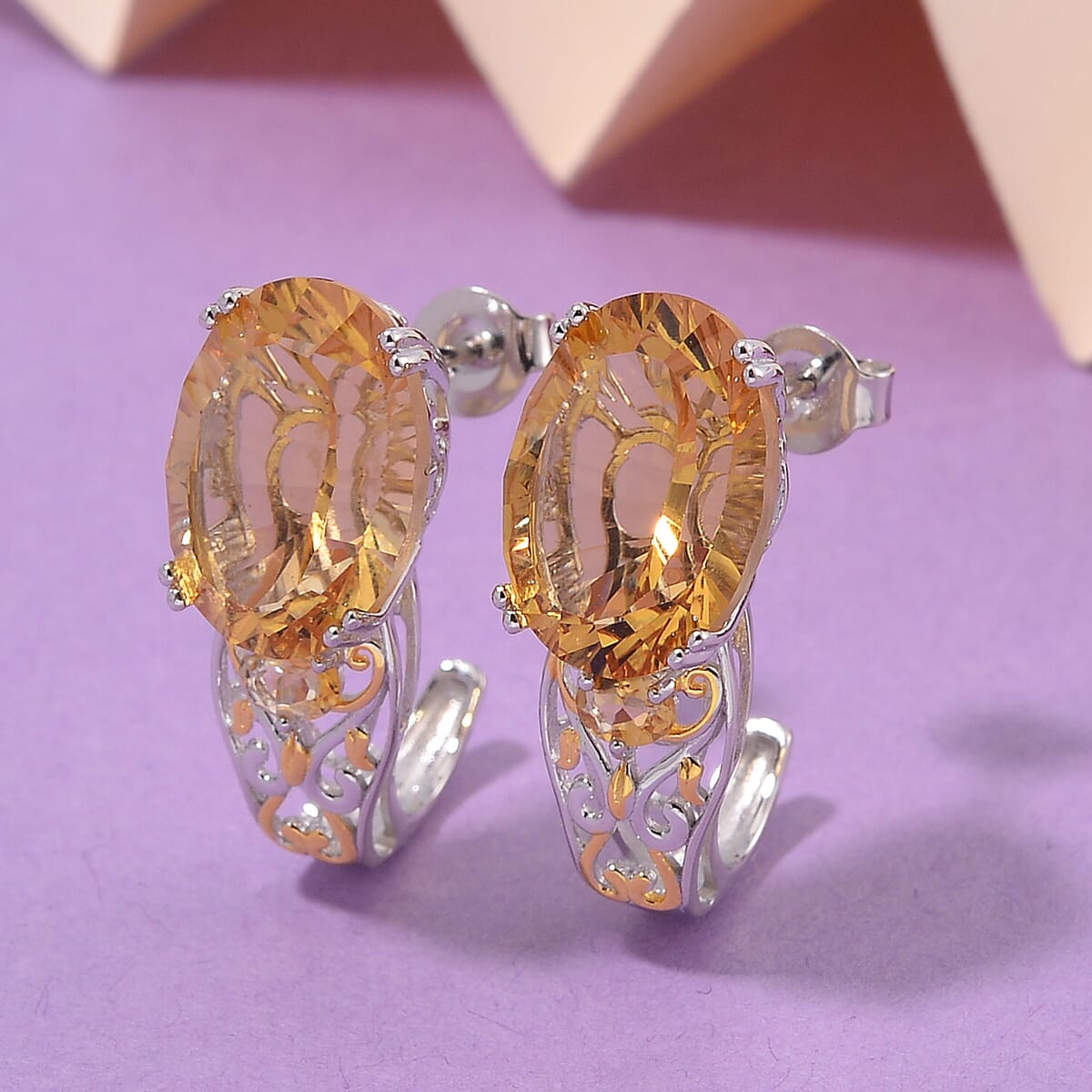 Brazilian Citrine 11.30 ctw J-Hoop Earrings in 18K Vermeil YG and Rhodium Over Sterling Silver image number 1