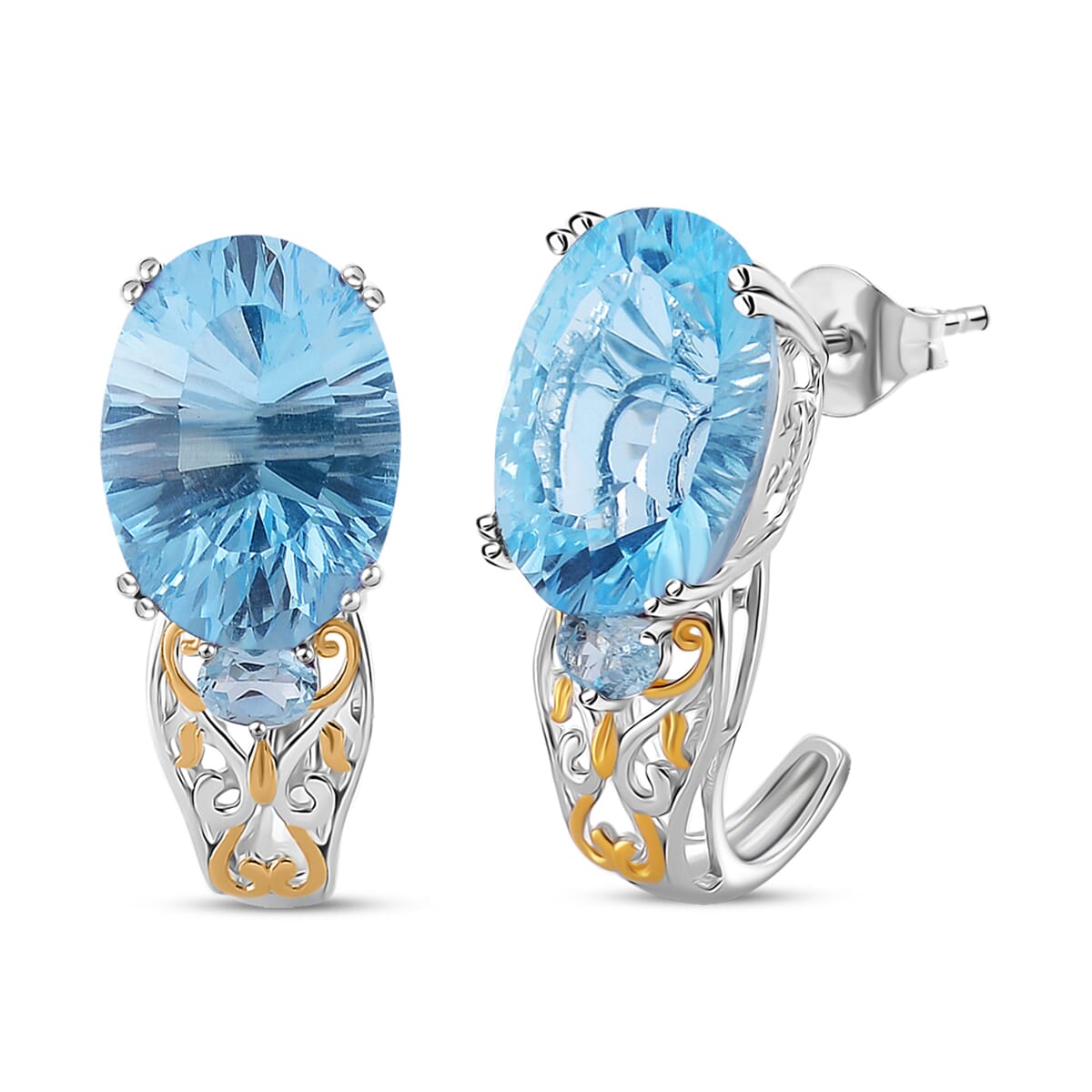 Sky Blue Topaz 14.70 ctw J-Hoop Earrings in 18K Vermeil YG and Rhodium Over Sterling Silver image number 0