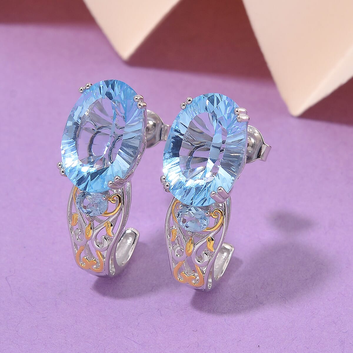 Sky Blue Topaz 14.70 ctw J-Hoop Earrings in 18K Vermeil YG and Rhodium Over Sterling Silver image number 1