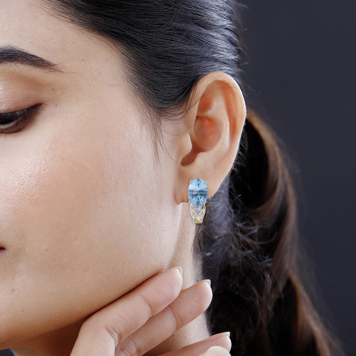 Sky Blue Topaz 14.70 ctw J-Hoop Earrings in 18K Vermeil YG and Rhodium Over Sterling Silver image number 2