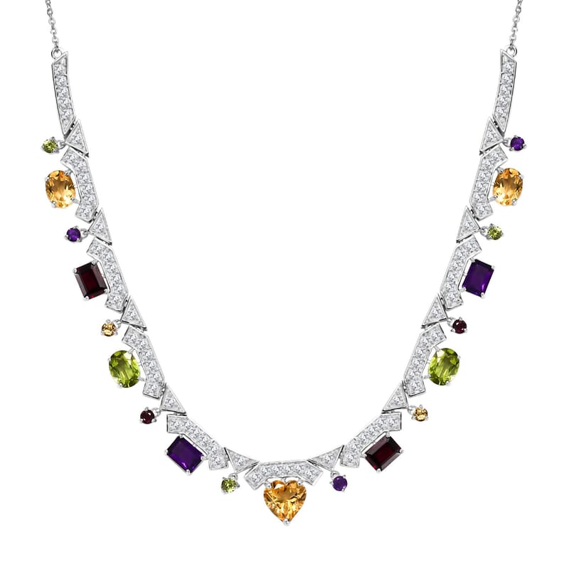 GP Royal Art Deco Collection Brazilian Citrine and Multi Gemstone 15.90 ctw Necklace in Rhodium Over Sterling Silver 18 Inches