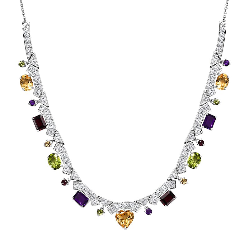 GP Royal Art Deco Collection Brazilian Citrine and Multi Gemstone 15.90 ctw Necklace in Rhodium Over Sterling Silver 18 Inches