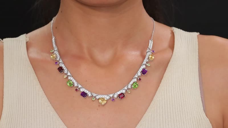 GP Royal Art Deco Collection Brazilian Citrine and Multi Gemstone 15.90 ctw Necklace in Rhodium Over Sterling Silver 18 Inches